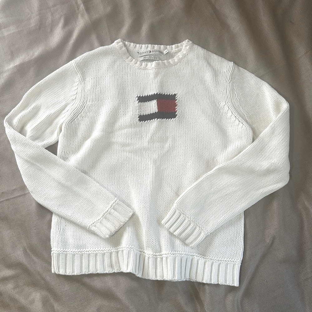 Women's white Tommy sweater with flag